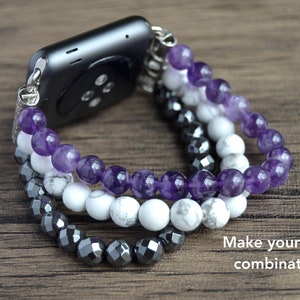 May include: A watch band made of three strands of beads. The top strand is amethyst, the middle strand is white howlite, and the bottom strand is black hematite. "Make your own combination" is written in the bottom right corner of the image.