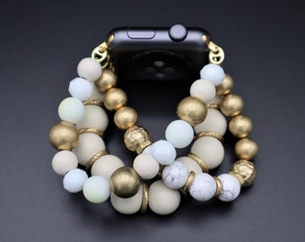 Handgefertigte Kristalle Howlith Holz Chunky Gold Beads Apple Samsung Fitbit Armband, Samsung 4, Active 40 mm 44 mm. Versa 1 2 3 4, Dehnbares Band