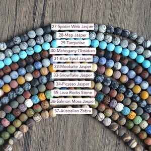 May include: A collection of 10 different types of jasper beads, including Spider Web Jasper, Map Jasper, Turquoise, Mahogany Obsidian, Blue Spot Jasper, Mookaite Jasper, Snowflake Jasper, Picasso Jasper, Lava Rocks Stone, and Salmon Moss Jasper. The beads are arranged in a semi-circle on a wooden surface.