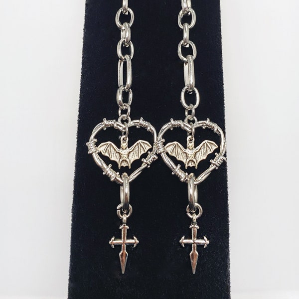 Dawn of the Bat: Barbed Wire Heart, Brass Bat, Sword Dagger and Chains Heavy Metal Punk Halloween Dangled Earrings