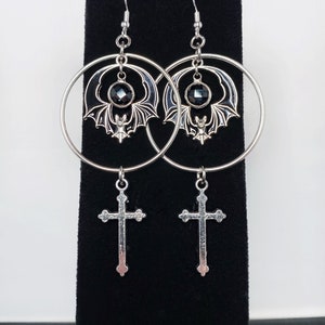 Bela Lugosi’s Dead: Flying Bat, Gothic Victorian Cross, Black Glass Crystal Charm Punk Horror Vintage Halloween Hoop and Dangle Earrings
