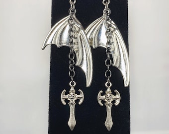 Beware the Bat: Large Bat Wing, Chains and Skull Axe Gothic Heavy Metal Punk Halloween Dangle Earrings
