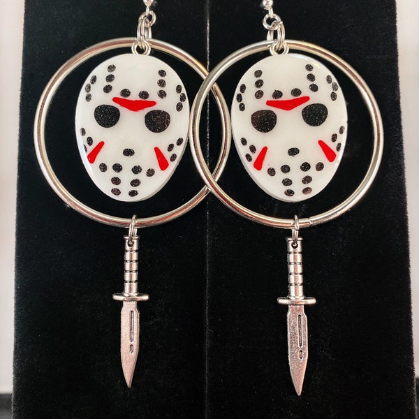 Friday the 13th: Jason Voorhees Slasher Hockey Mask and Knife Horror Movie O Ring Hoop Earrings