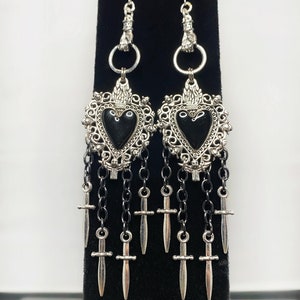 Mark of Eros: Greek God Cupid Heart with Daggers Gothic Ornate Mystical Fantasy Mythological Statement Dangle Earrings