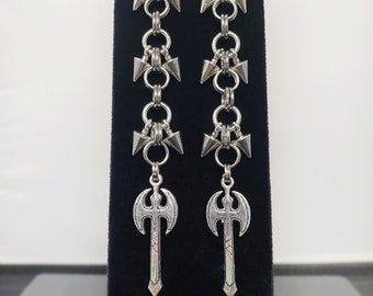 Tyrant’s Doom: Battle Axe, Chain Mail and Spikes Antique Silver Heavy Metal Goth Punk Earrings