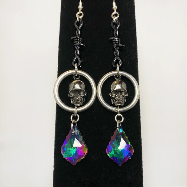 Twilight Zone: Skull, Barb Wire, O Ring and Rainbow Teardrop Crystal Gothic Mystical Fantasy Punk Statement Dangle Earrings