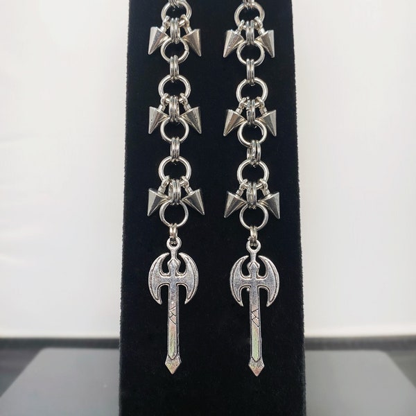 Tyrant’s Doom: Battle Axe, Chain Mail and Spikes Antique Silver Heavy Metal Goth Punk Earrings