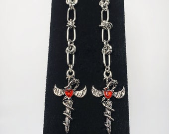 Apocalyptica: Chainmail and Gothic Cross with Wings and Red Heart Heavy Metal Punk Goth Dangle Earrings