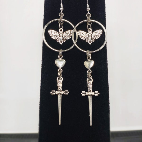 Moth into Flame: Death Moth, Dagger Sword and Heart Gothic Punk Heavy Metal Earrings