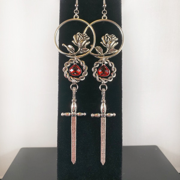 Memento Mori: Medieval Renaissance Sword Dagger, Rose Flower, Witchy Gothic Romance Red Silver Earrings