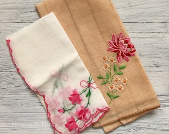 Vintage Embroidered Handkerchiefs, Set of 2 | Floral Vintage Linens