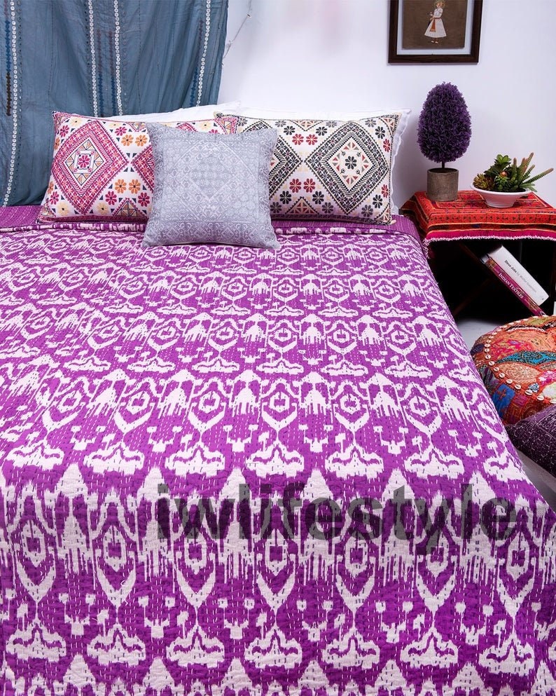 Indian Art Kantha Twin Quilt Handmade Ikat Print Reversible Blanket Throw