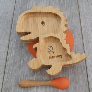 Bamboo Dinning Plate and Spoon - Orange Dinosaur