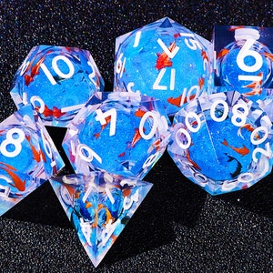 Crystal koi fish dnd dice set , Liquid core dice set for role playing games , Resin sharp edge dice set , Full dungeons and dragons dice set