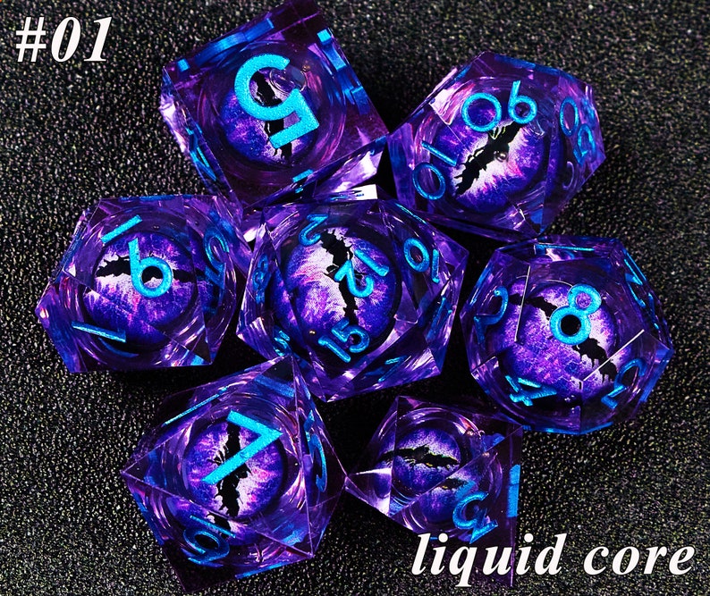 Dnd dice set liquid core , Handmade liquid core dragon eye dice set , Liquid core d20 dnd dice , Beholder's Eye liquid core d&d dice sets image 2