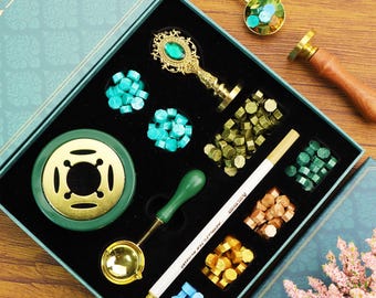 Gem Green Custom Wax Seal Stamp Kit for Wedding or Gift – Send Proof, Personalized Initial or Logo Wax Stamp Kit – Custom Wax Seal Kit