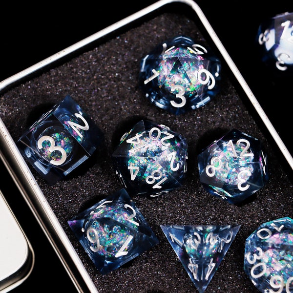 Galaxy dice set liquid core for role playing games , Full dungeons and dragons dice set , D20 liquid core sharp edge dice set , Dnd dice set