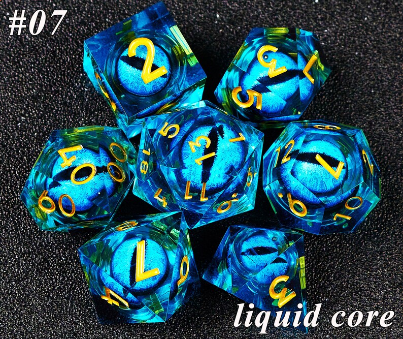 Dnd dice set liquid core , Handmade liquid core dragon eye dice set , Liquid core d20 dnd dice , Beholder's Eye liquid core d&d dice sets image 8