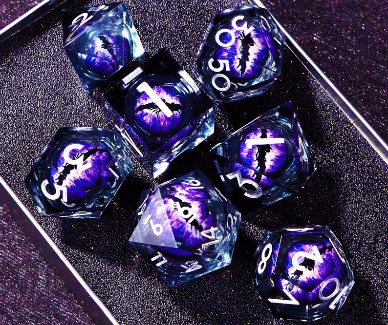 Dnd dice set liquid core , Handmade liquid core dragon eye dice set , Liquid core d20 dnd dice , Beholder's Eye liquid core d&d dice sets First Image Dice Set