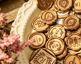 Custom Monogram Self-Adhesive Wax Seal Stickers, Personalized Any Logo & Initials Wax Seals, Wedding Self-Adhesive Monogram Wax Seal Set