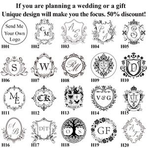 May include: A selection of black and white custom logo designs, ideal for weddings or gifts. The designs feature monograms, crests, and floral details. Text on the image reads "If you are planning a wedding or a gift. Unique design will make you the focus. 50% discount!"