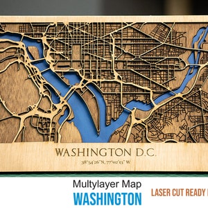 Carte de Washington D.C. découpée au laser 3D - Décor de plan de rue multicouche, fichiers numériques découpés au laser - PDF, Svg, Eps, Ai, Cdr