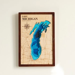 Lake Michigan 3D Wandkunst-multilayer Map-Lake House Dekor-Layered Holzkarte-Tiefe Karte-Bathymetrisch-3D, 22x12 Inch-Jubiläumsgeschenk