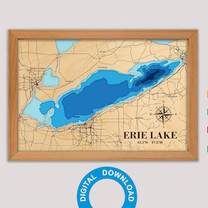 File digitale della mappa batimetrica del lago Erie tagliata al laser in 3D - PDF, AI, SVG, Cdr, 12x18 pollici