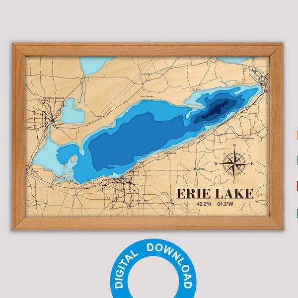 3D Laser Cut Lake Erie Bathymetric Map Digital File - PDF, AI, SVG, Cdr, 12x18 inch