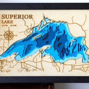 Mappa multistrato Superior Lake 3D Wall Art, Decorazione della casa sul lago, Mappa in legno a 8 strati, Mappa batimetrica della profondità, Regalo per l'anniversario da 8х12 pollici