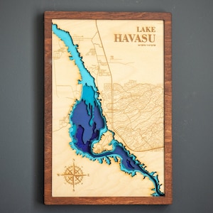 Havasu Lake-3D Wall Art-Mappa multistrato-Decorazioni per la casa sul lago-Mappa in legno a strati-Mappa di profondità-Batimetrica-3D, 8х12 pollici-Regalo di anniversario