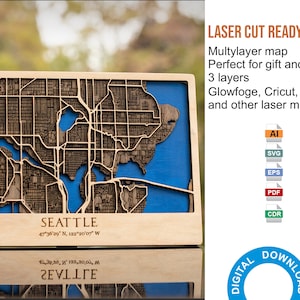 3D Lasergesneden kaart van Seattle - Meerlaagse stratenplan Decor Lasergesneden digitale bestanden - PDF, Svg, Eps, Ai, Cdr