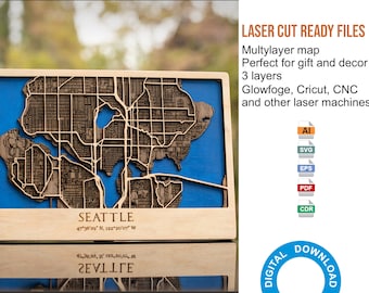 3D Laser Cut Map of Seattle - Multi layer Street Map Decor Laser Cut Digital Files – PDF, Svg, Eps, Ai, Cdr