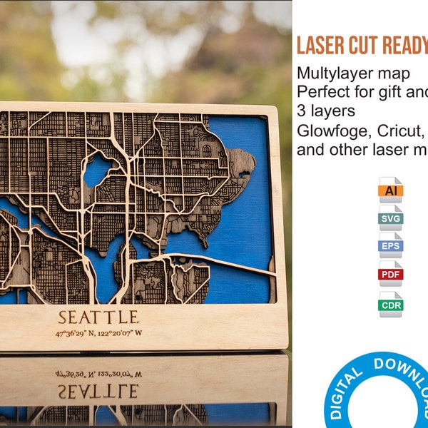 3D Laser Cut Map of Seattle - Multi layer Street Map Decor Laser Cut Digital Files – PDF, Svg, Eps, Ai, Cdr