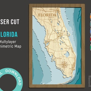 Florida snijden bestanden, PDF, AI, SVG - hout meerlaags lasergesneden ontwerp, gelaagde houten dieptekaart-bathymetrisch-3D, 8х12 inch digitaal
