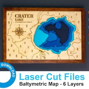 Crater Lake Cutting Files, PDF, AI, SVG - Wood Multilayer Laser Cut Design, Layered Wooden Depth Map-Bathymetric-3D, 8х12 inch