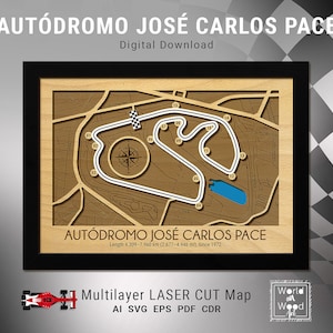 Interlagos-circuitkaart SVG, José Carlos Race Tracks 3D-houten kaart, Formule 1 Circuit Racing, lasergesneden digitale bestanden, 8,5 x 12 inch