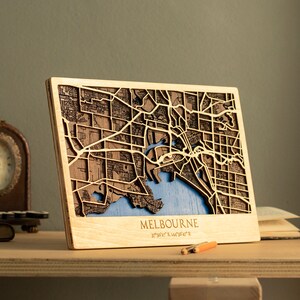 Melbourne Wood Map, Streets 3D Maps Travel Wall Art, 8x12 City Map, Australie Wooden Wall Map Art Decor, Unique Wooden gift, 3D City Plan