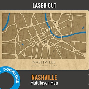 3D Laser Cut Karte von Nashville - Multilayer Straßenkarte Dekor Laser geschnitten Digitale Dateien - PDF, svg, eps, ai, cdr. Tennessee-Dekor