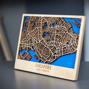 Singapore Wooden Map, 3D City Map, Laser Cut Wood Streets City Maps 3d Wall Art, Tourist Asian cities  - Birthday Anniversary Wedding Gift