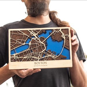 Carte en bois de Boston, rues, cartes 3D art mural de voyage, plan de la ville 8 x 12, carte murale en bois art déco, cadeau unique en bois, plan de la ville 3D