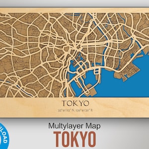 Fichier numérique SVG, PDF - plan des rues de Tokyo - carte des rues multicouche 3D décor découpé au laser fichiers numériques - Japon bois découpé au laser vecteur