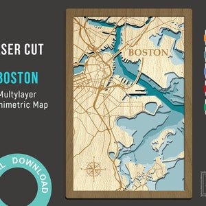 Archivos de corte de mapas de Boston, PDF, AI, SVG, Diseño de corte láser multicapa de madera, Mapa de profundidad de madera en capas, 3D batimétrico, Digital de 8 x 12 pulgadas