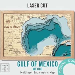 Golfo de México SVG, Mapa digital del Golfo de México, Mapa de madera láser, Archivos de corte y grabado, Mapa de profundidad de madera en capas Batimétrico-3D, 12х18 in