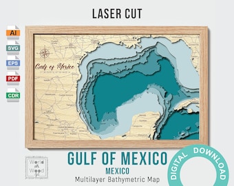 Golfo del Messico SVG, mappa digitale del Golfo del Messico, mappa laser in legno, file da tagliare e incidere, mappa di profondità in legno a strati batimetrica-3D, 12х18 pollici