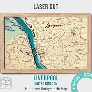 Archivo digital SVG, PDF - Mapa batimétrico de Liverpool, profundidad de agua 3d, mapa vectorial multicapa, decoración de madera, archivo cortado con láser 12x18 pulgadas
