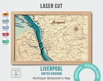 File digitale SVG, PDF - Mappa batimetrica di Liverpool, profondità dell'acqua 3D, mappa vettoriale multistrato, decorazioni in legno, file tagliato al laser 12 x 18 pollici