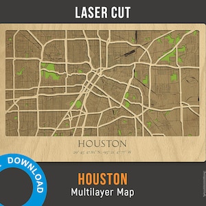 3D Laser Cut Map of Houston - Multilayer Street Map Decor Laser Cut Digital Files – PDF, Svg, Eps, Ai, Cdr. Texas Decor