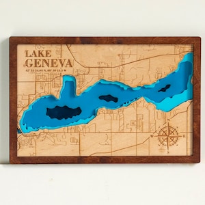Lago Ginebra, Wisconsin - Arte de pared 3D - Mapa multicapa - Decoración de la casa del lago - Mapa del lago - Mapa de profundidad - Batimétrico - 3D, Regalo de aniversario