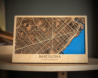 Barcelona Wooden Map| 3D City Map | Wooden Street Cutouts | 8x12  Wood Map | 3D Wooden Laser Cut Map | Catalonian capital  | Office Decor